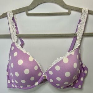 SOMA Embraceable Push Up Lace Trim Purple Polka Dot Adjustable Strap Bra 36B